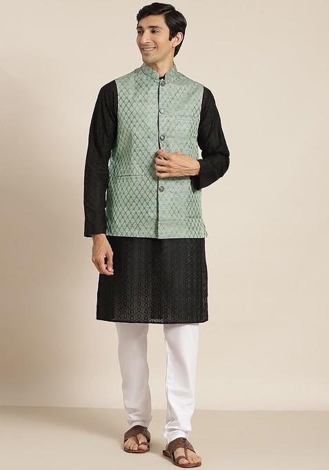 Black Chikankari Cotton Kurta Set For Men