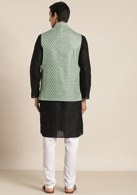 Black Chikankari Cotton Kurta Set For Men