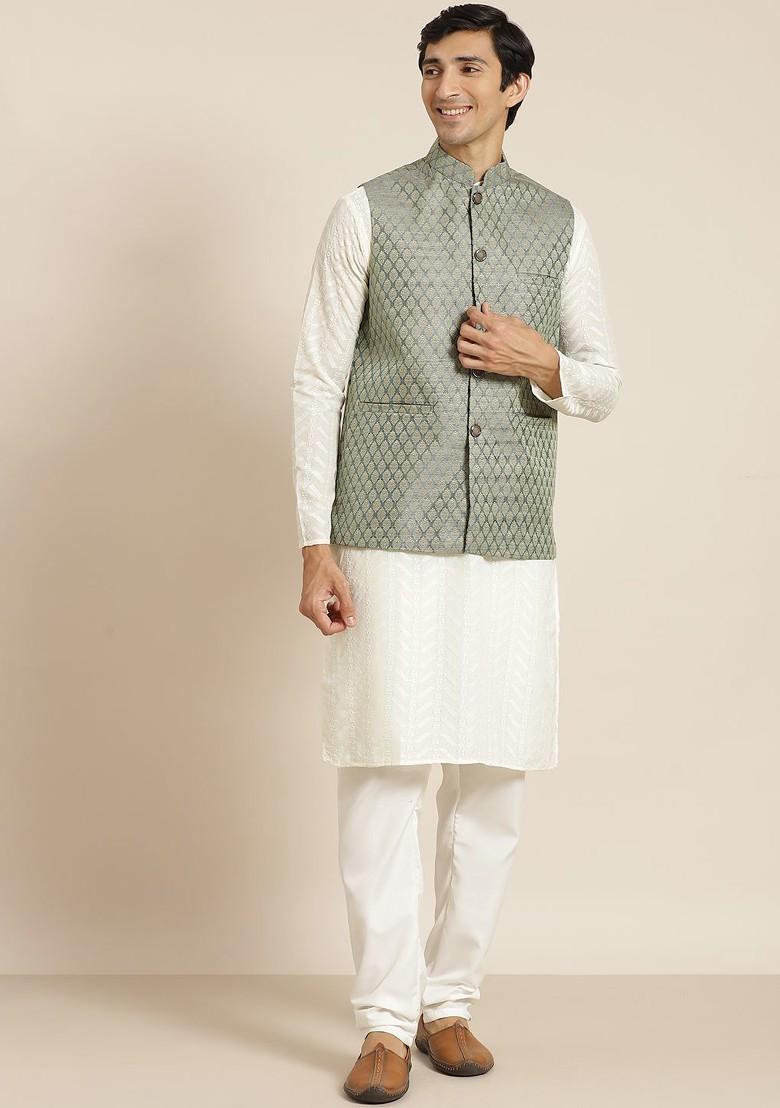 Cream Chikankari Cotton Kurta Set For Men