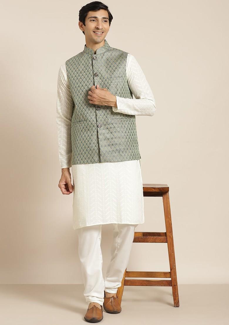 Cream Chikankari Cotton Kurta Set For Men