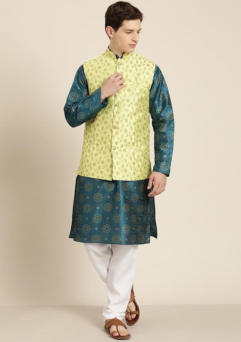 Teal Blue Floral Print Poly Blend Kurta Set For Men