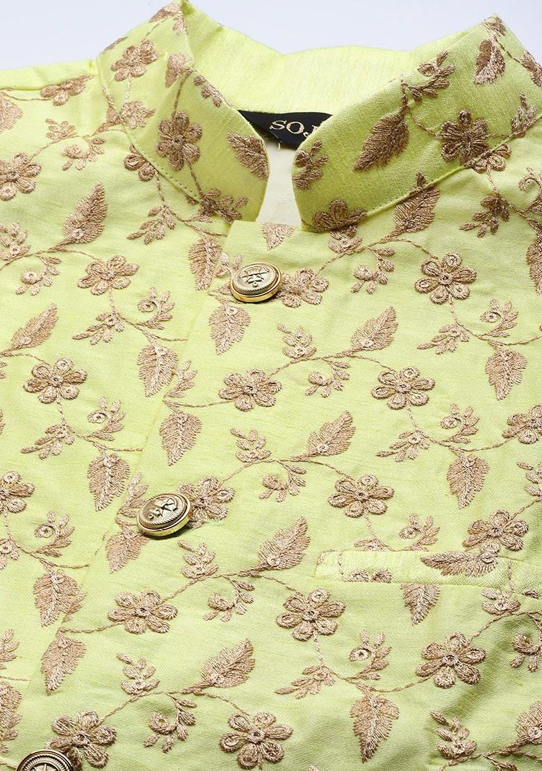 Teal Blue Floral Print Poly Blend Kurta Set For Men