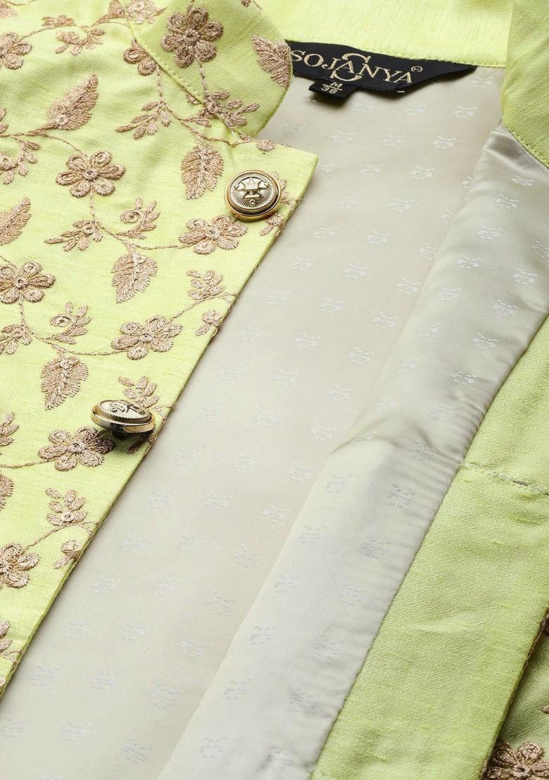 Teal Blue Floral Print Poly Blend Kurta Set For Men