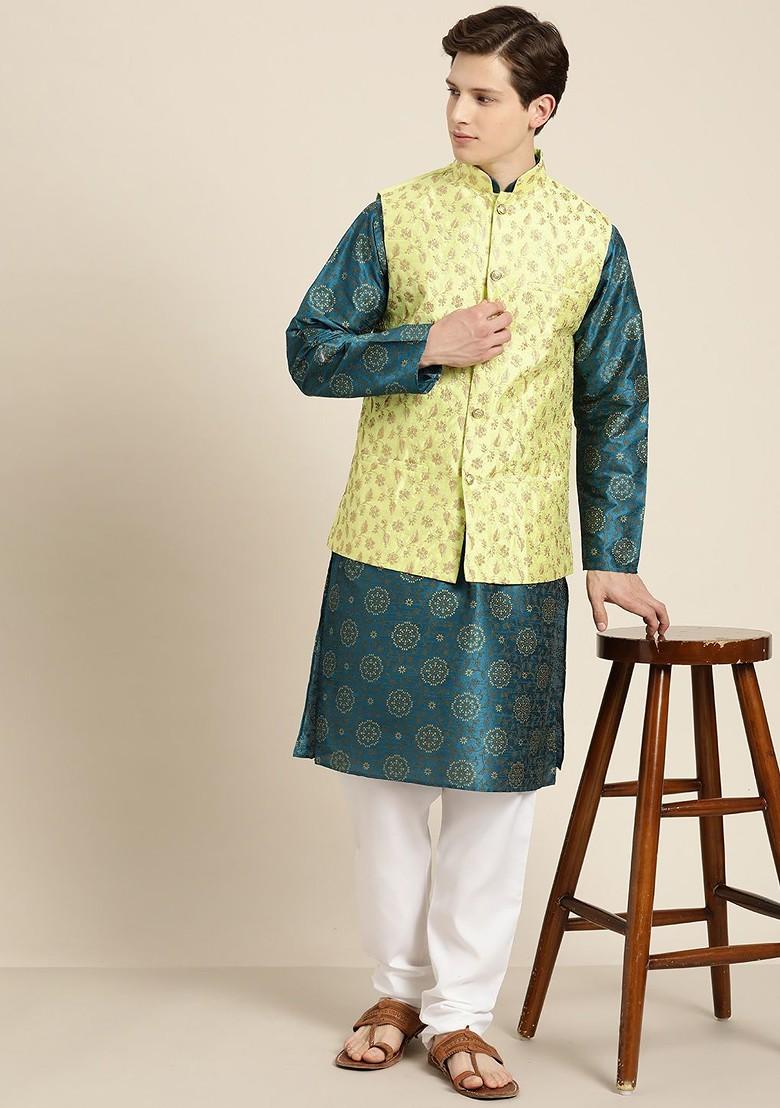 Teal Blue Floral Print Poly Blend Kurta Set For Men