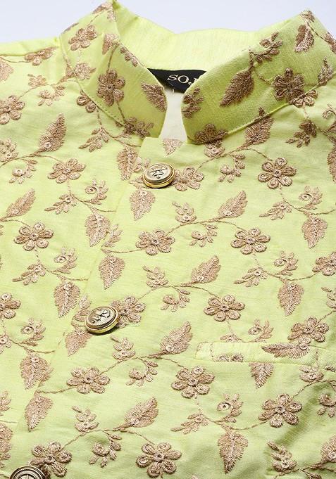 Teal Blue Floral Print Poly Blend Kurta Set For Men