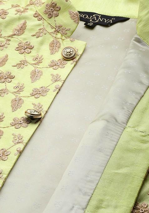 Teal Blue Floral Print Poly Blend Kurta Set For Men