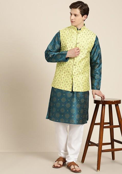 Teal Blue Floral Print Poly Blend Kurta Set For Men
