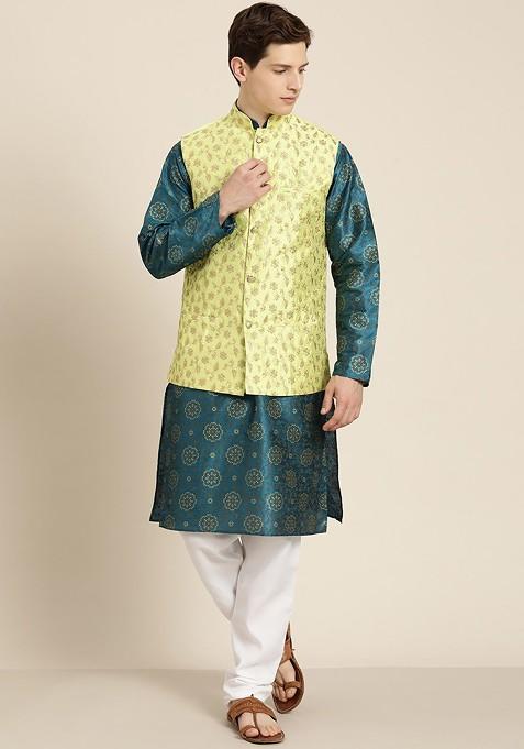 Teal Blue Floral Print Poly Blend Kurta Set For Men