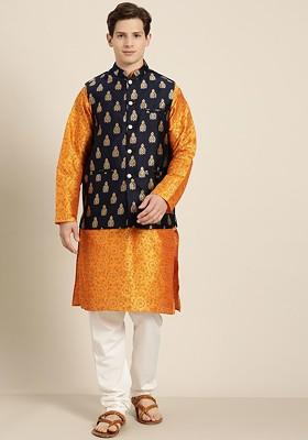 Orange Woven Poly Blend Kurta Set For Men