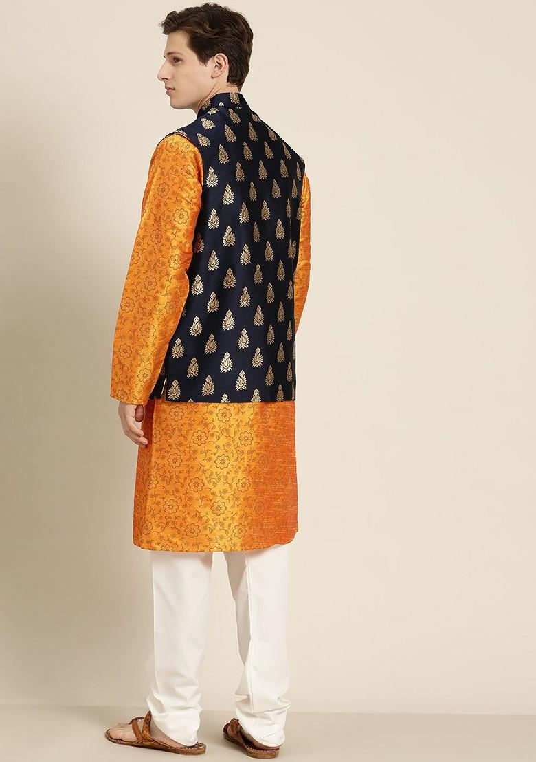 Orange Woven Poly Blend Kurta Set For Men