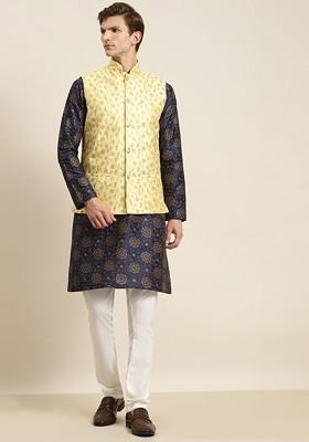 Navy Blue Ethnic Motifs Poly Blend Kurta Set For Men