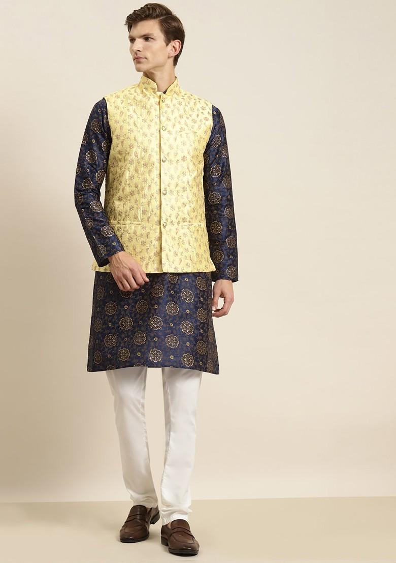 Navy Blue Ethnic Motifs Poly Blend Kurta Set For Men