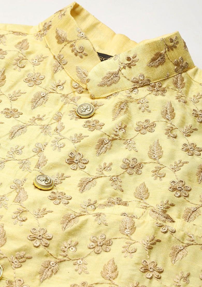 Navy Blue Ethnic Motifs Poly Blend Kurta Set For Men