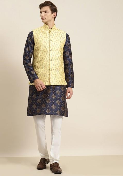 Navy Blue Ethnic Motifs Poly Blend Kurta Set For Men