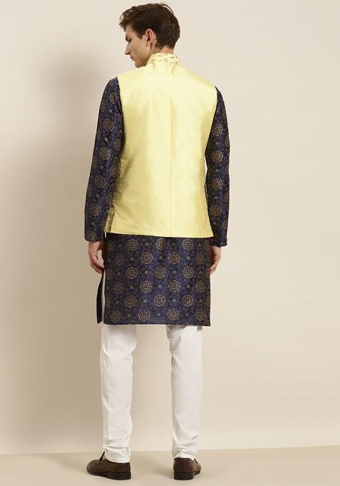Navy Blue Ethnic Motifs Poly Blend Kurta Set For Men