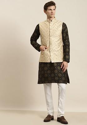 Black Ethnic Motifs Poly Blend Kurta Set For Men