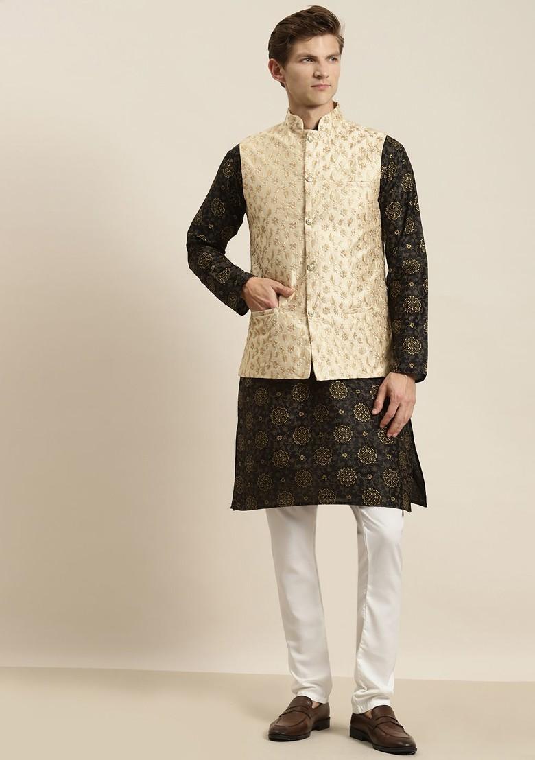 Black Ethnic Motifs Poly Blend Kurta Set For Men