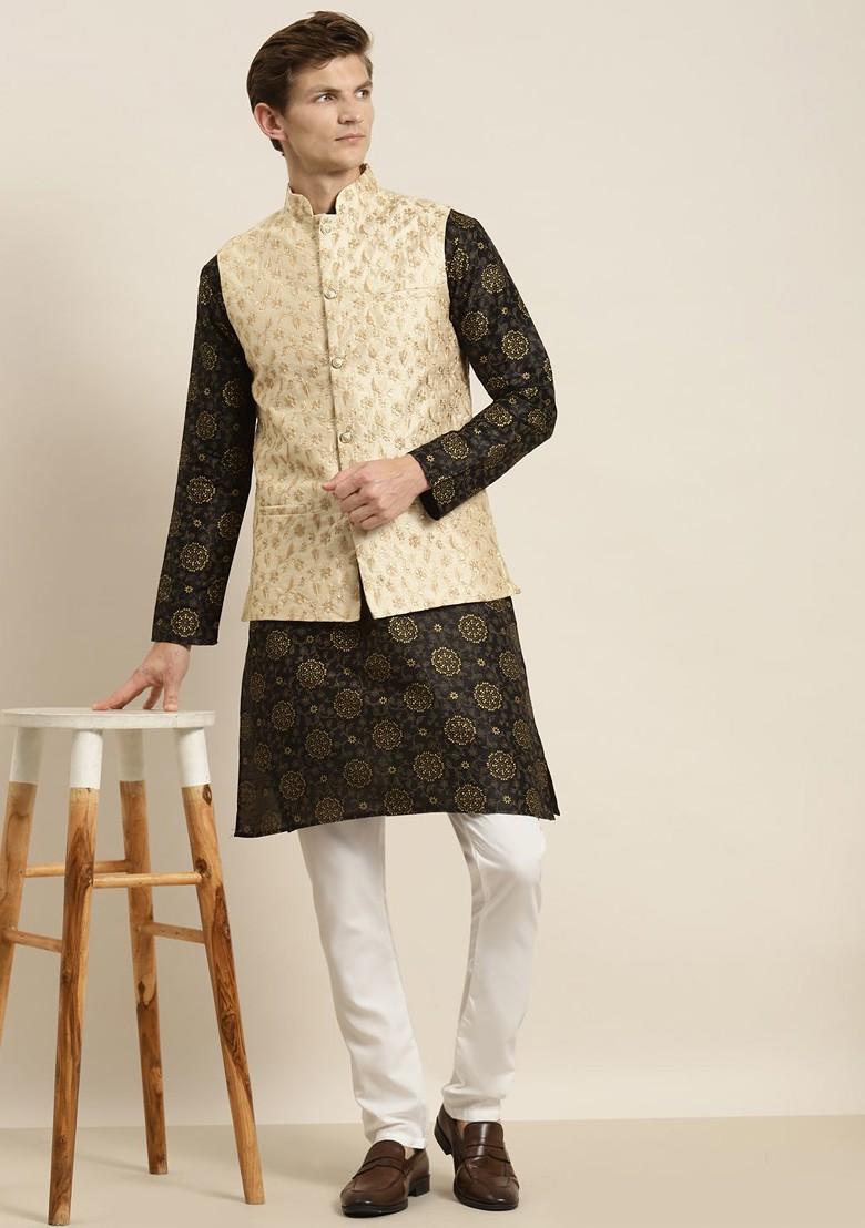 Black Ethnic Motifs Poly Blend Kurta Set For Men