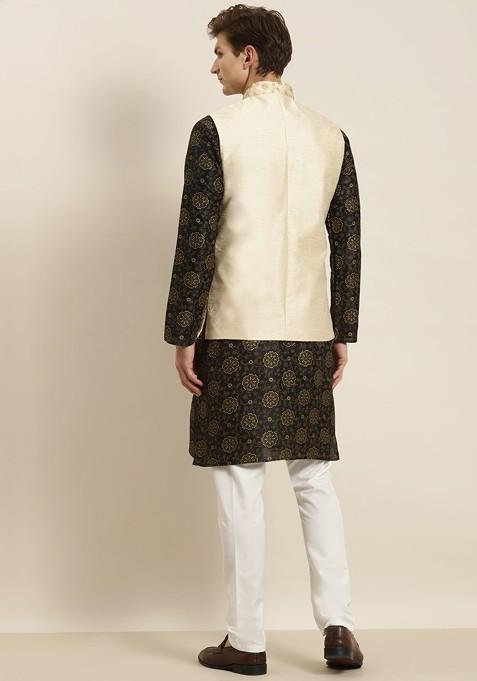 Black Ethnic Motifs Poly Blend Kurta Set For Men