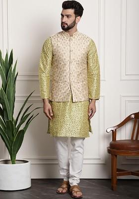 Lime Green Ethnic Motifs Poly Blend Kurta Set For Men