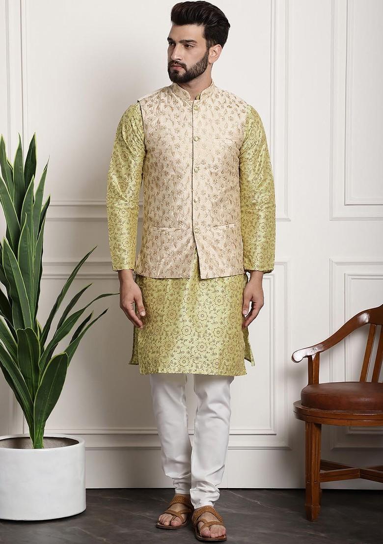 Lime Green Ethnic Motifs Poly Blend Kurta Set For Men