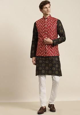 Black Ethnic Motifs Poly Blend Kurta Set For Men