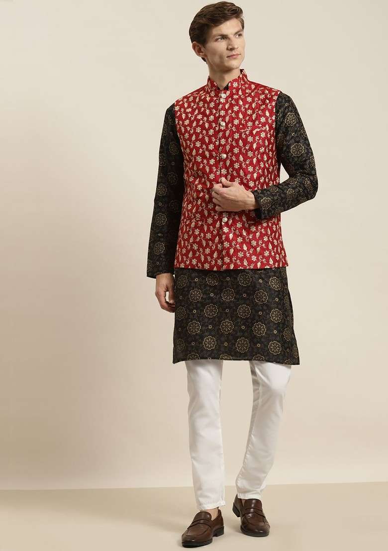 Black Ethnic Motifs Poly Blend Kurta Set For Men - Indya