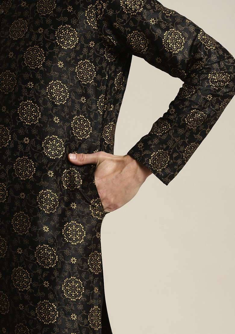 Black Ethnic Motifs Poly Blend Kurta Set For Men - Indya