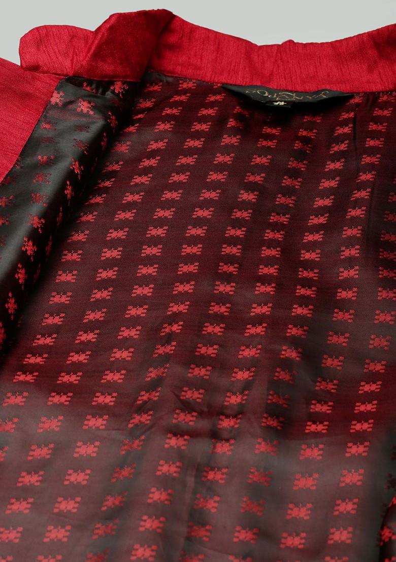 Black Ethnic Motifs Poly Blend Kurta Set For Men