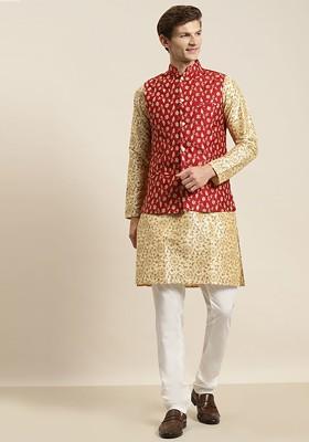 Beige Printed Poly Blend Kurta Set For Men