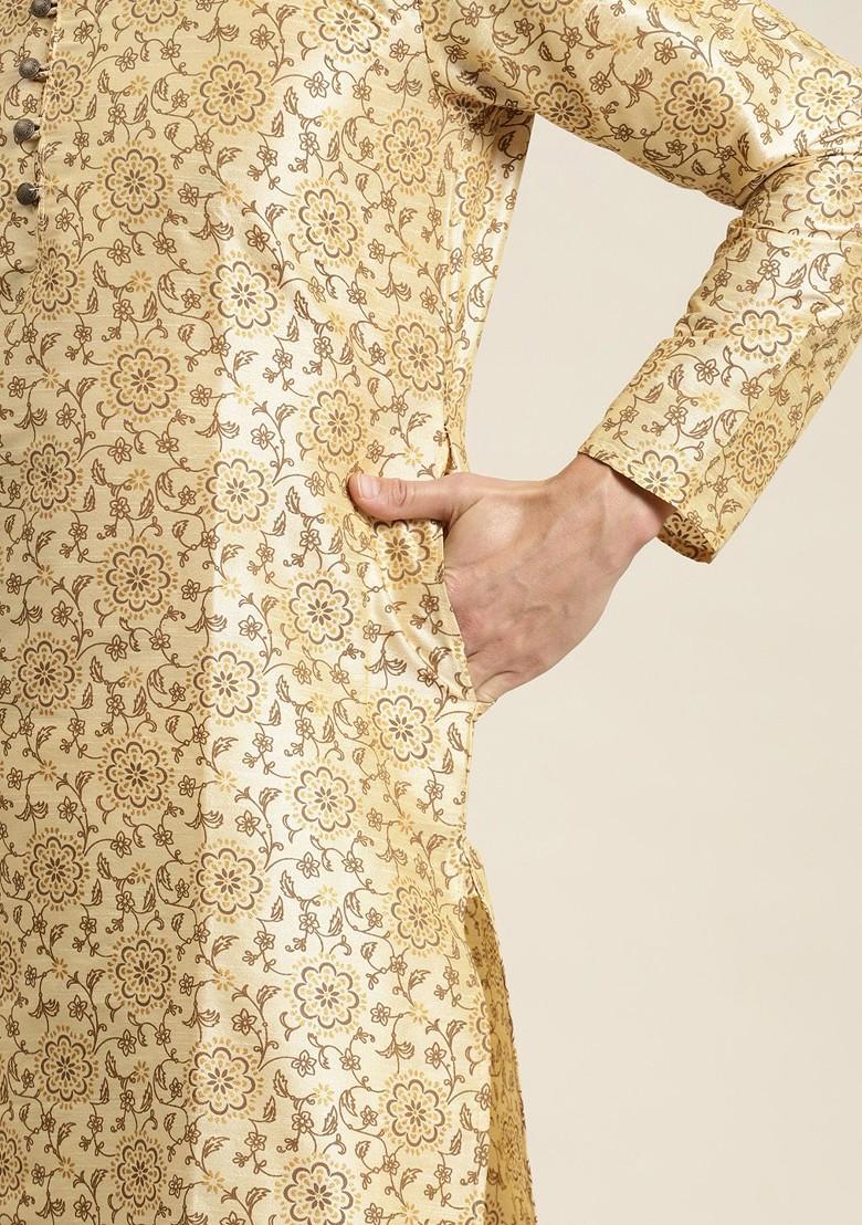 Beige Printed Poly Blend Kurta Set For Men