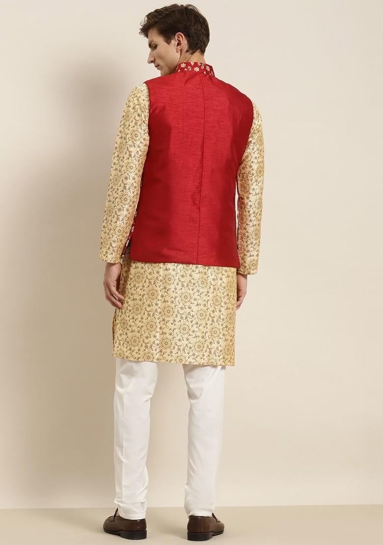 Beige Printed Poly Blend Kurta Set For Men