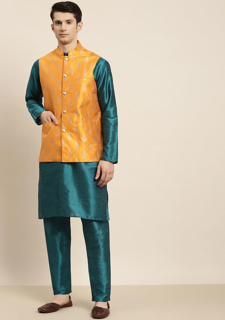 Teal Blue Solid Poly Blend Kurta Set For Men