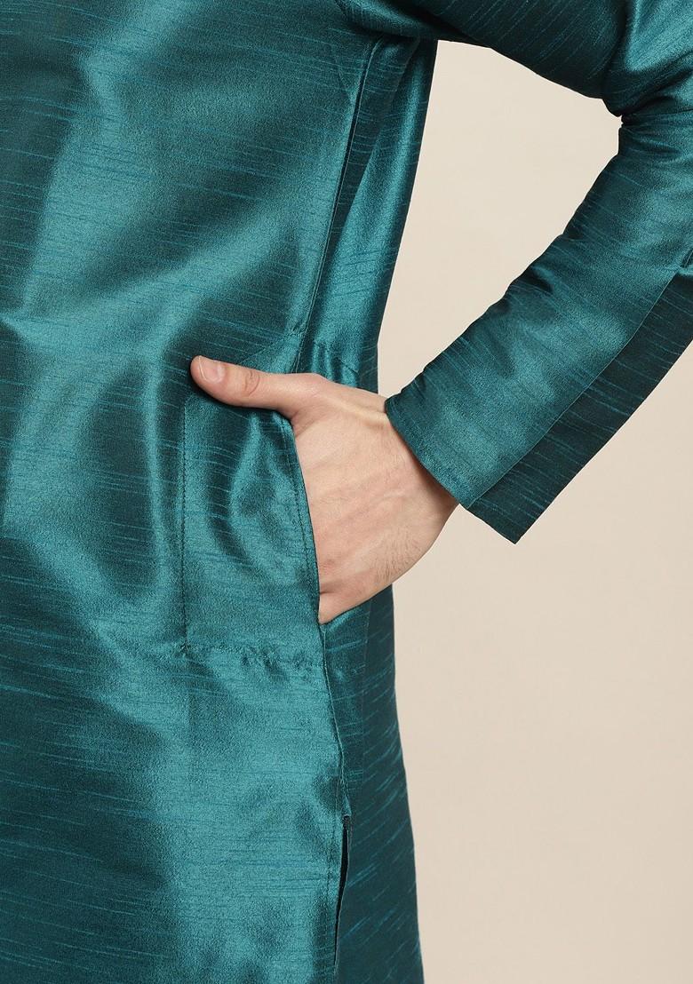 Teal Blue Solid Poly Blend Kurta Set For Men