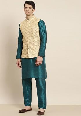 Teal Blue Solid Poly Blend Kurta Set For Men