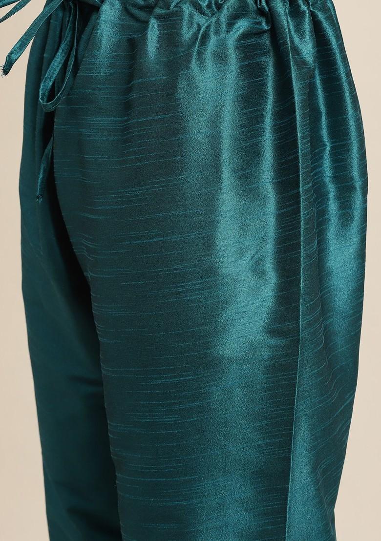 Teal Blue Solid Poly Blend Kurta Set For Men