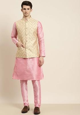 Pink Solid Poly Blend Kurta Set For Men