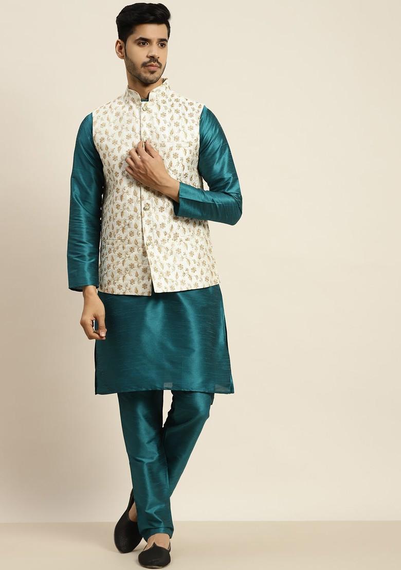Teal Blue Solid Poly Blend Kurta Set For Men
