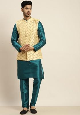 Teal Blue Solid Poly Blend Kurta Set For Men
