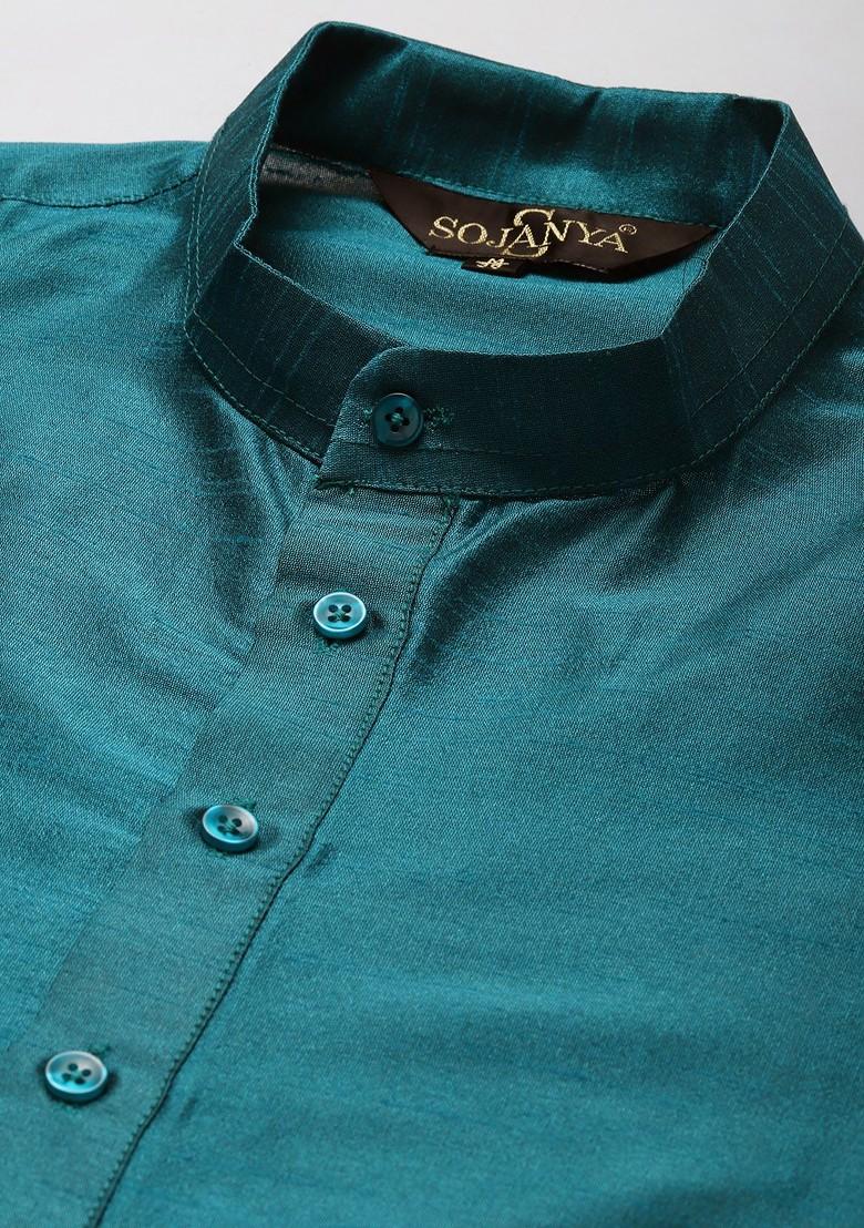 Teal Blue Solid Poly Blend Kurta Set For Men