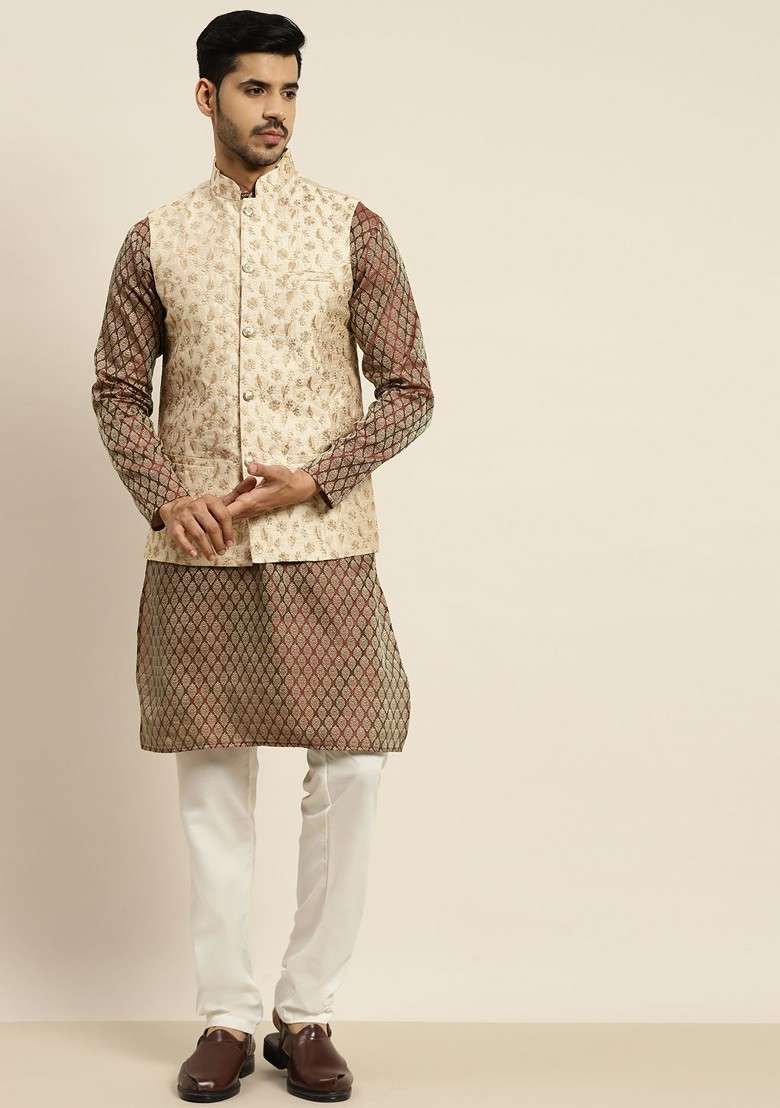 Maroon Ethnic Motifs Poly Blend Kurta Set For Men - Indya