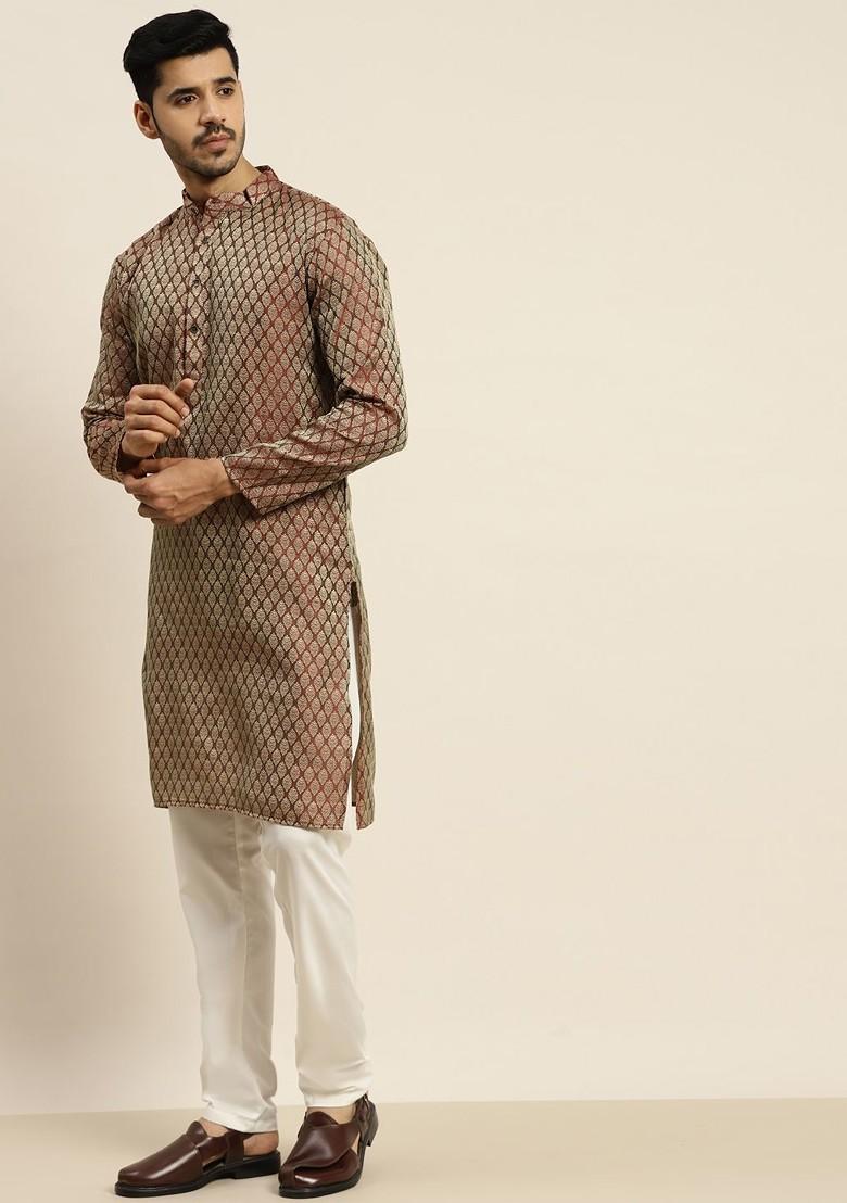 Maroon Ethnic Motifs Poly Blend Kurta Set For Men