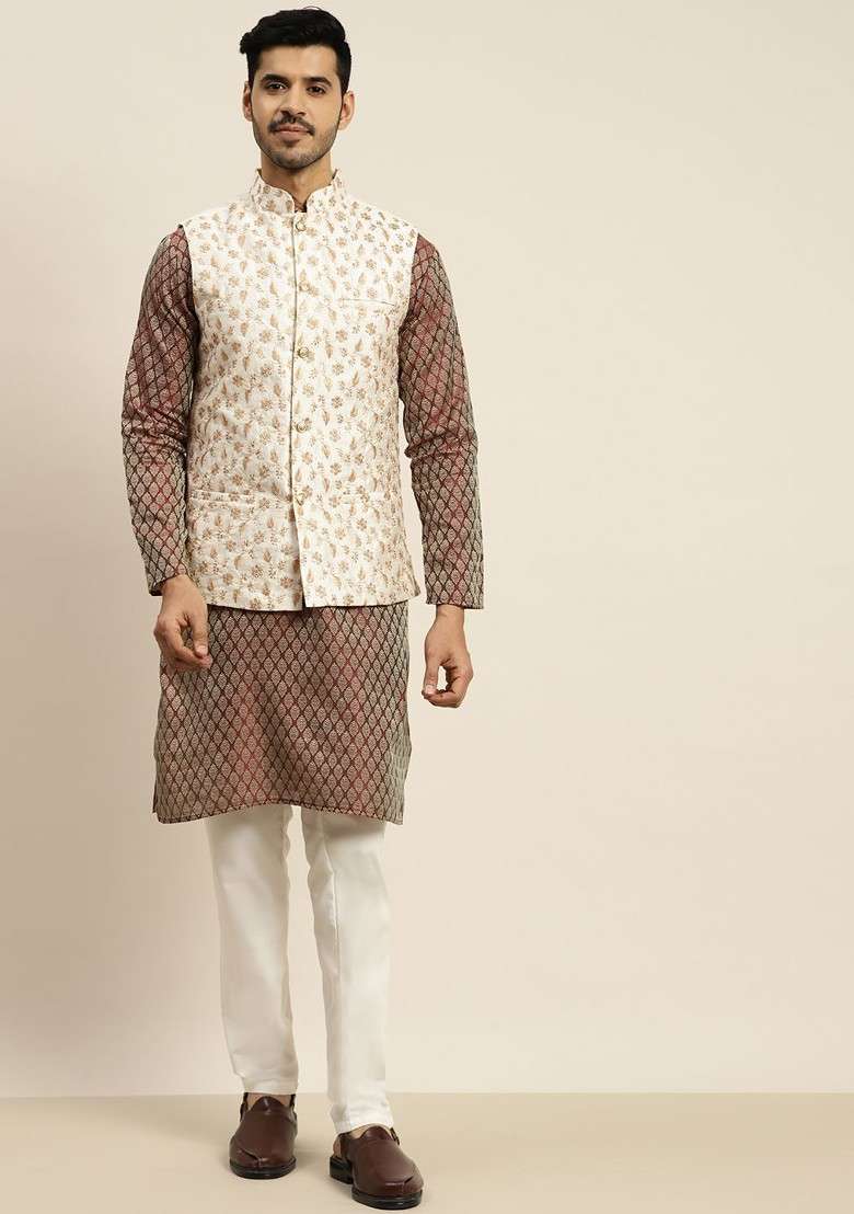 Maroon Ethnic Motifs Poly Blend Kurta Set For Men - Indya