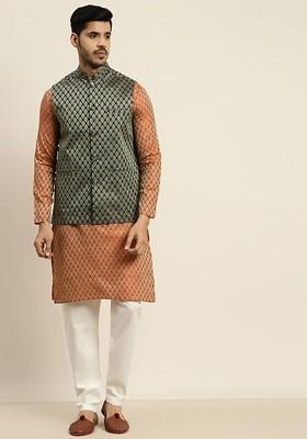 Orange Ethnic Motifs Poly Blend Kurta Set For Men