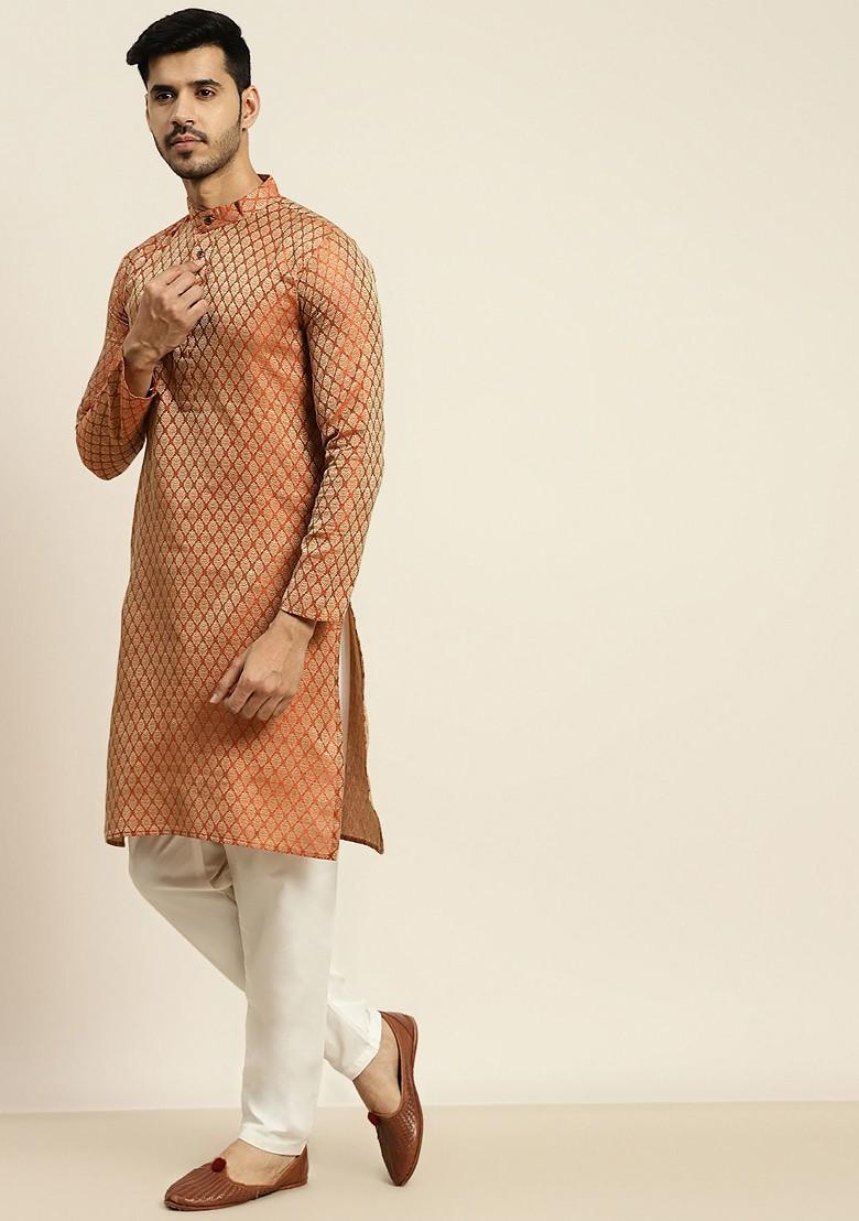 Orange Ethnic Motifs Poly Blend Kurta Set For Men