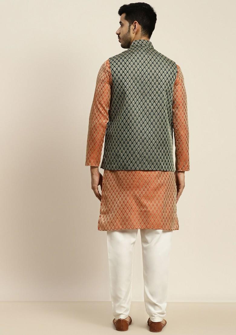 Orange Ethnic Motifs Poly Blend Kurta Set For Men