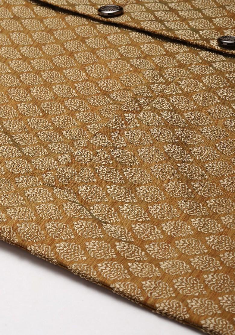 Orange Ethnic Motifs Poly Blend Kurta Set For Men