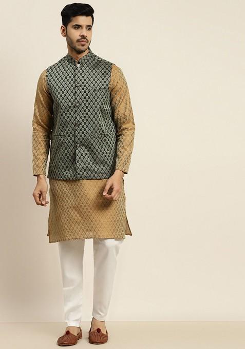 Mustard Ethnic Motifs Poly Blend Kurta Set For Men — view on Indya