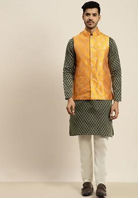 Green Ethnic Motifs Poly Blend Kurta Set For Men