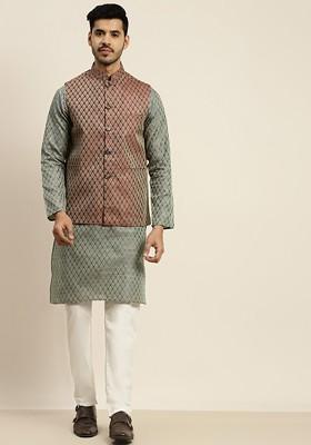 Green Ethnic Motifs Poly Blend Kurta Set For Men